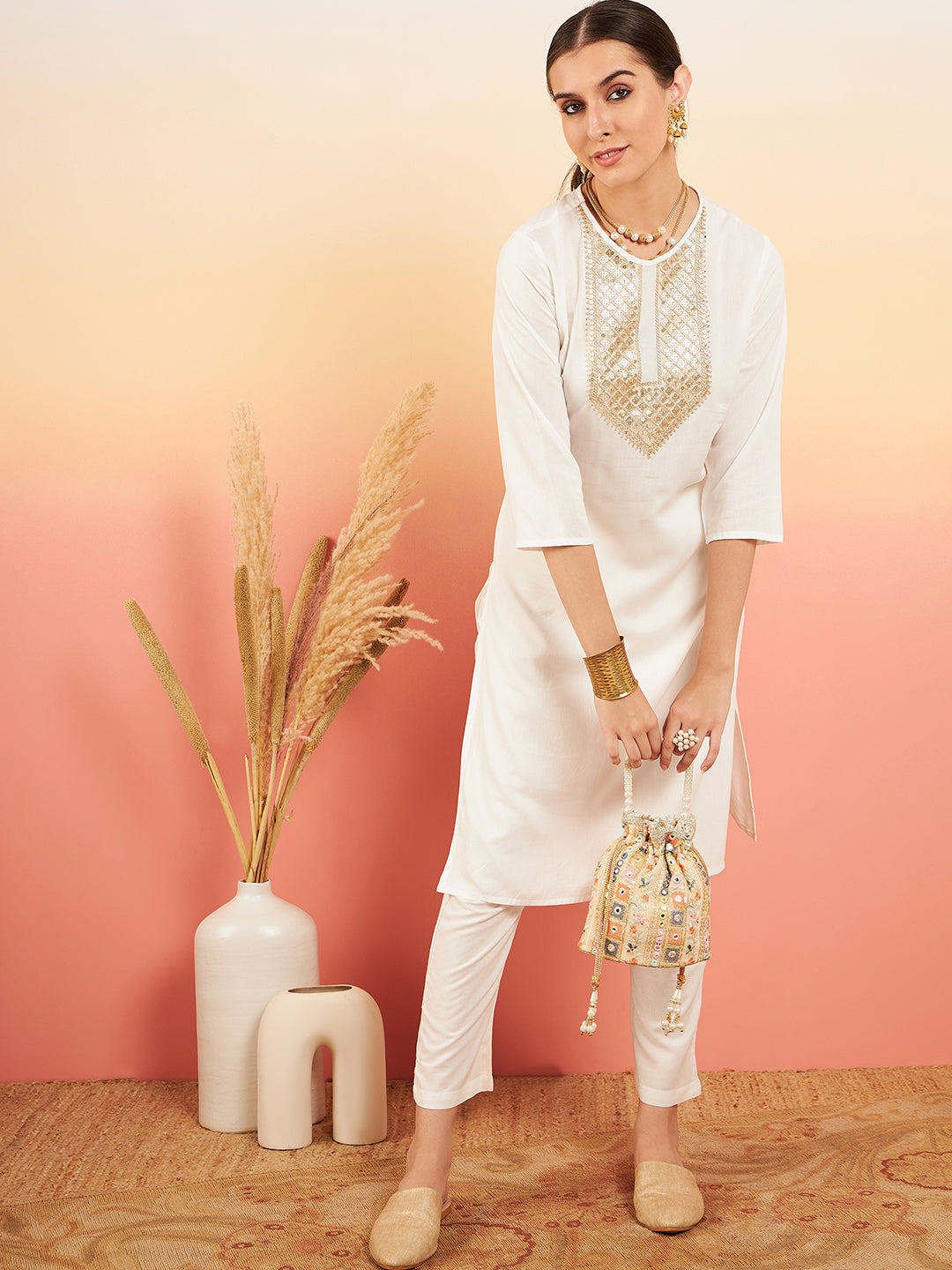 InWeave Women's Cream Sequance Patch Work Kurta Set - Distacart