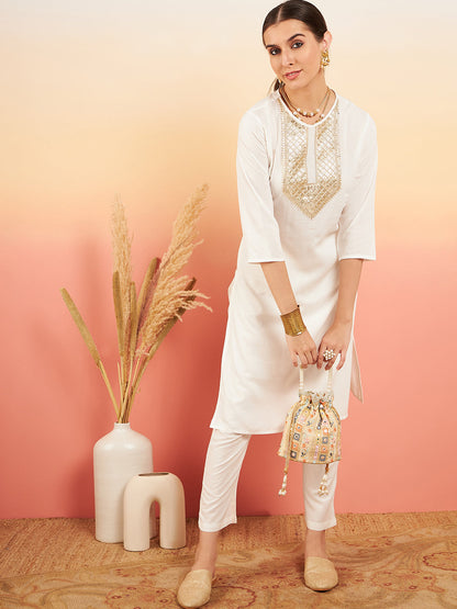 InWeave Women's Cream Sequance Patch Work Kurta Set - Distacart