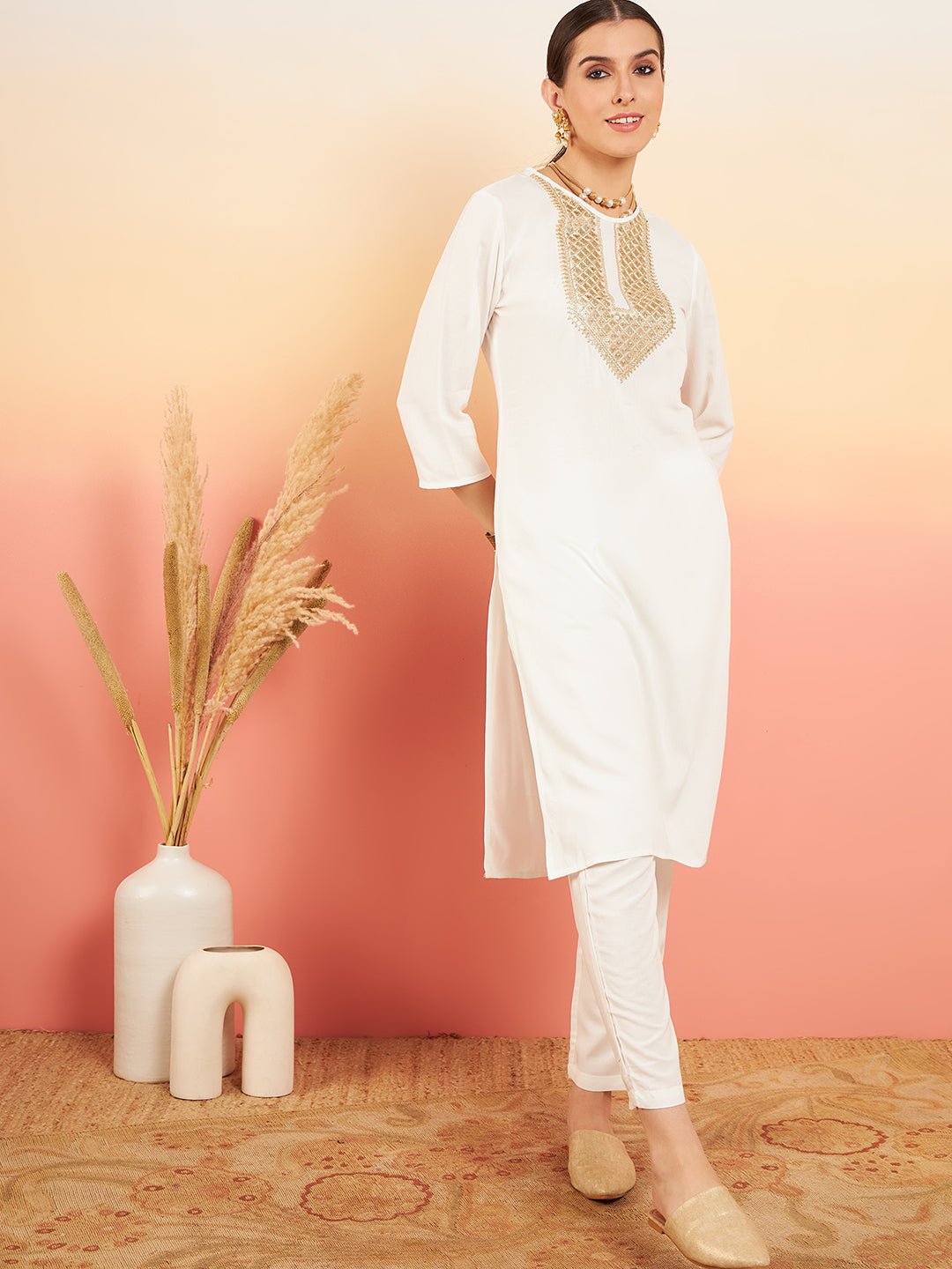 InWeave Women's Cream Sequance Patch Work Kurta Set - Distacart