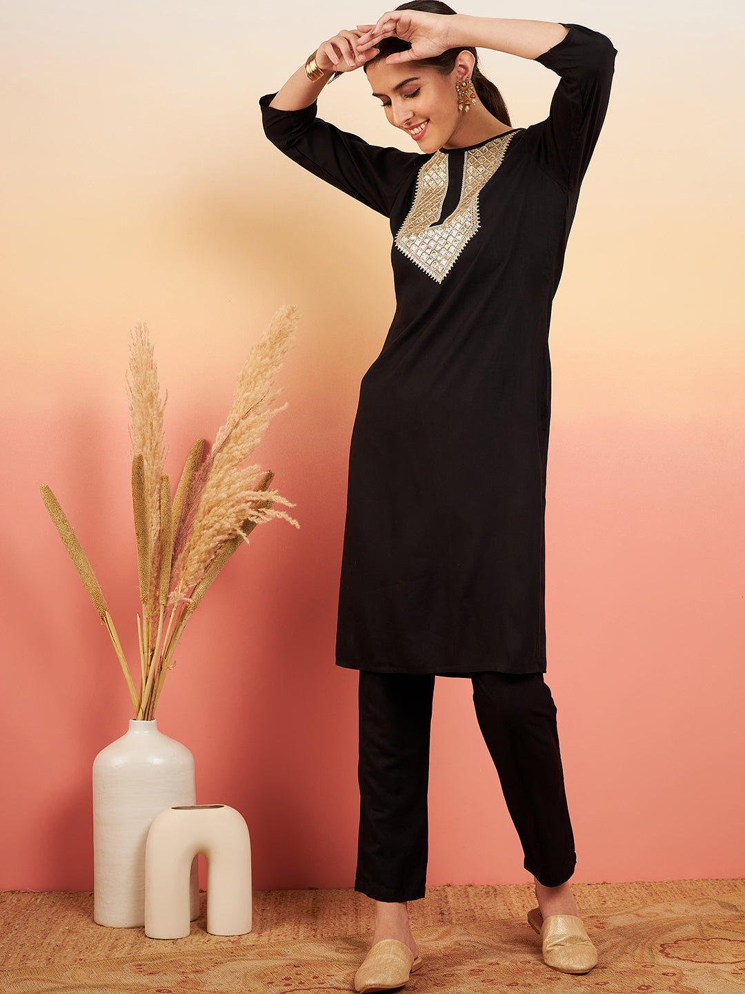 InWeave Women's Black Sequance Patch Work Kurta Set - Distacart