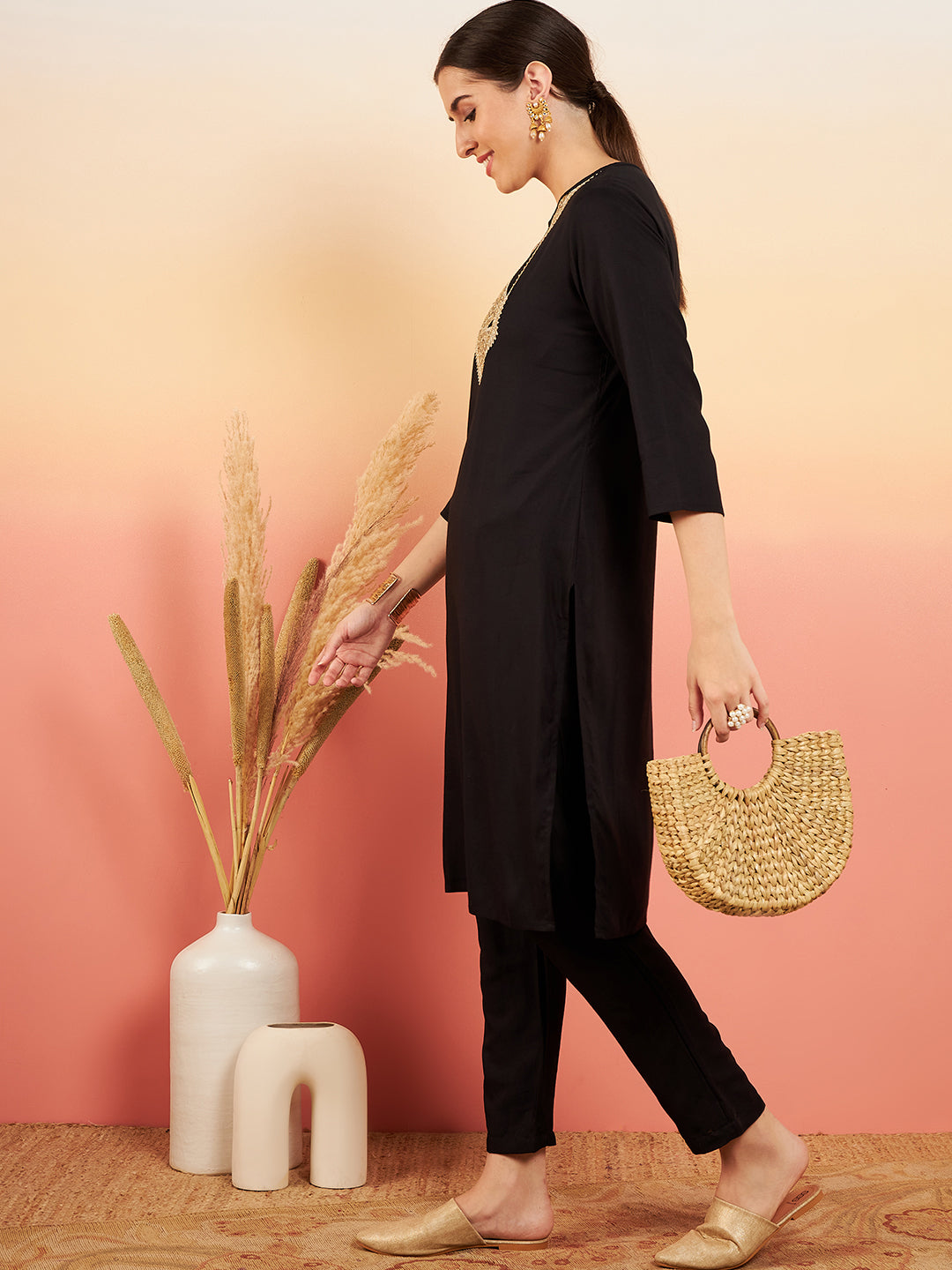 InWeave Women's Black Sequance Patch Work Kurta Set - Distacart