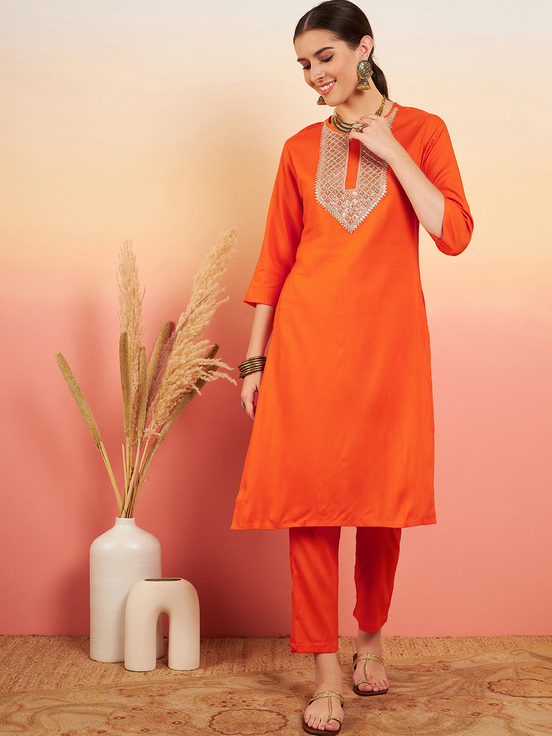 InWeave Women's Orange Sequance Patch Work Kurta Set - Distacart