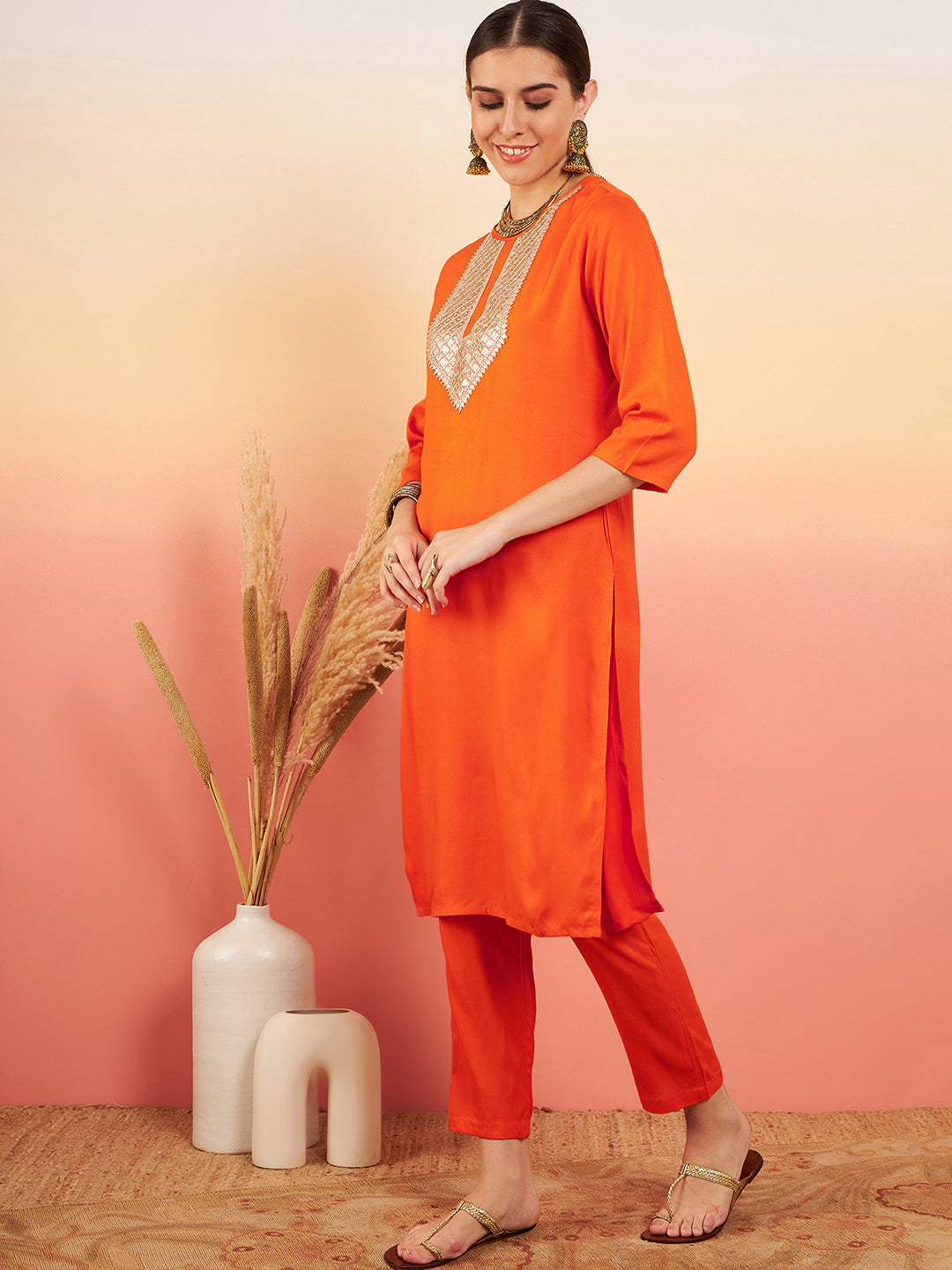 InWeave Women's Orange Sequance Patch Work Kurta Set - Distacart