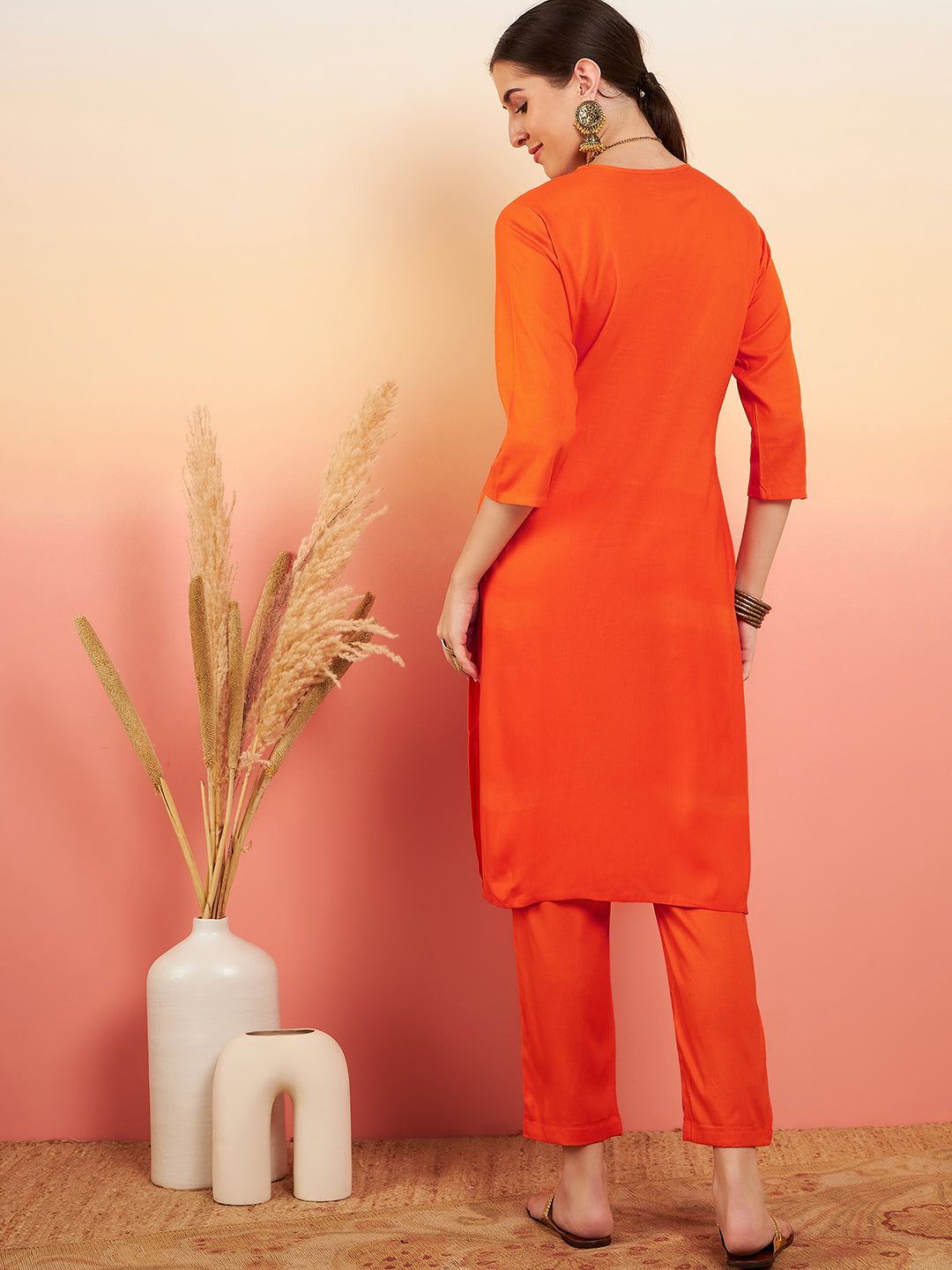 InWeave Women's Orange Sequance Patch Work Kurta Set - Distacart