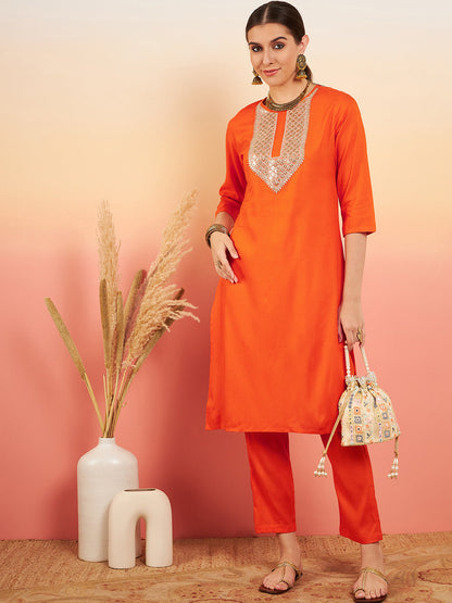 InWeave Women's Orange Sequance Patch Work Kurta Set - Distacart