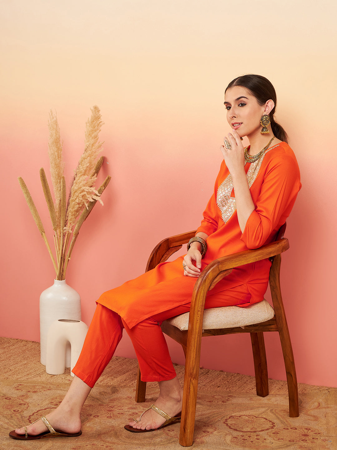 InWeave Women's Orange Sequance Patch Work Kurta Set - Distacart