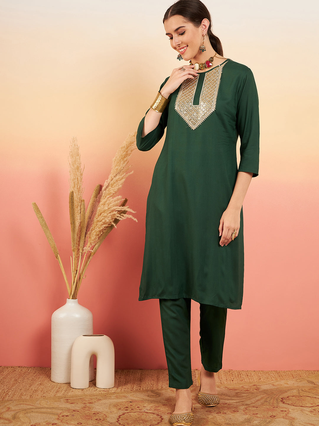 InWeave Women's Dark Green Sequance Patch Work Kurta Set - Distacart