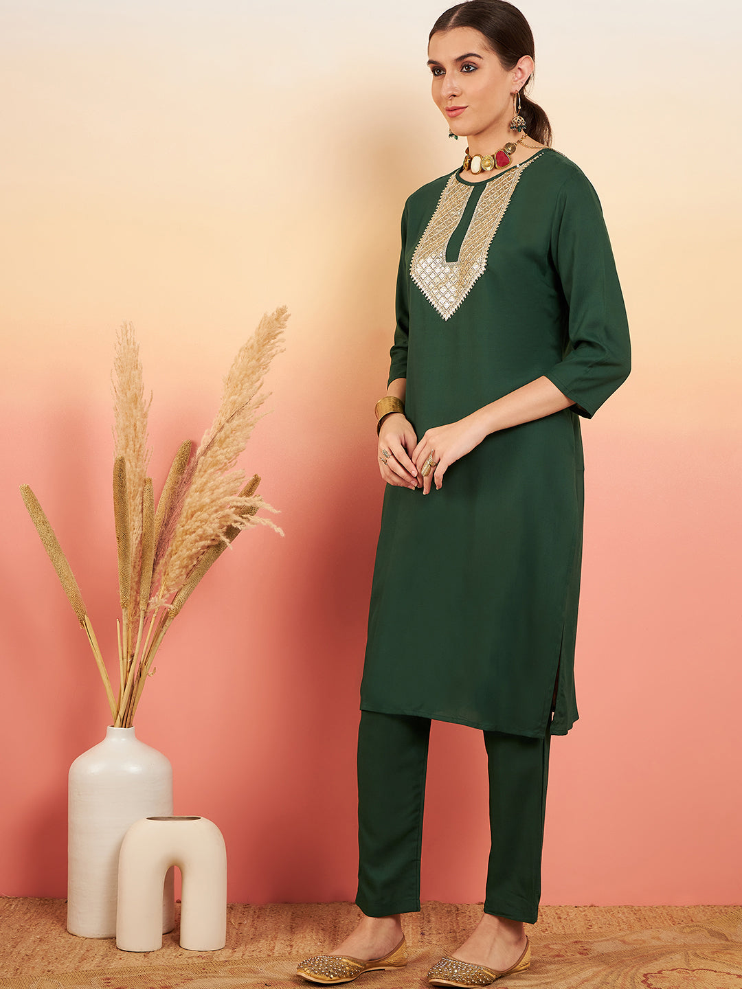 InWeave Women's Dark Green Sequance Patch Work Kurta Set - Distacart