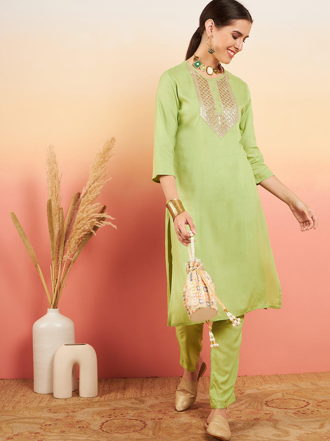 InWeave Women's Pear Green Sequance Patch Work Kurta Set - Distacart