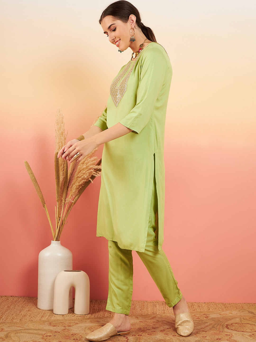 InWeave Women's Pear Green Sequance Patch Work Kurta Set - Distacart