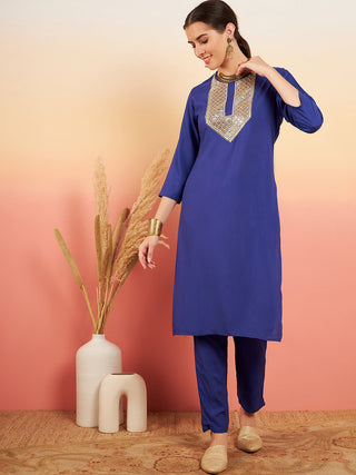 InWeave Women's Ink Blue Sequance Patch Work Kurta Set - Distacart