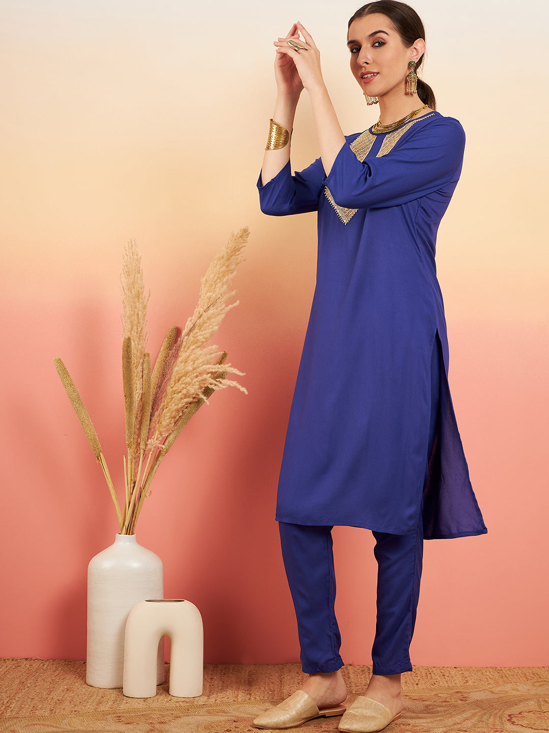 InWeave Women's Ink Blue Sequance Patch Work Kurta Set - Distacart