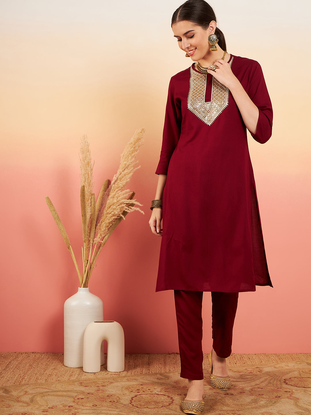 InWeave Women's Maroon Sequance Patch Work Kurta Set - Distacart