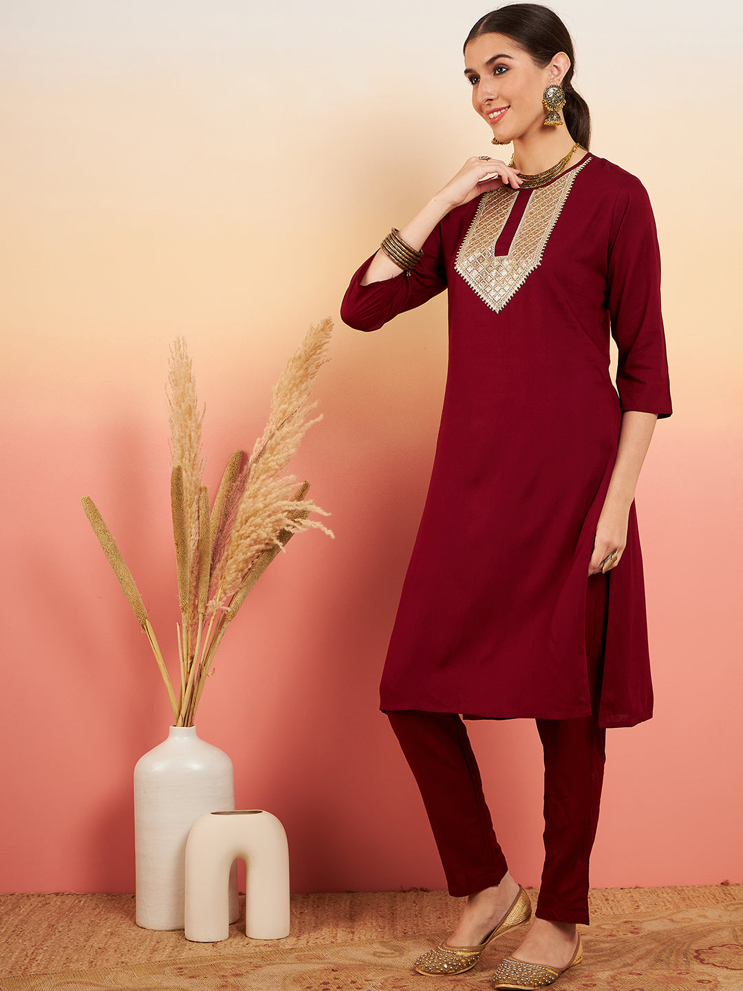 InWeave Women's Maroon Sequance Patch Work Kurta Set - Distacart