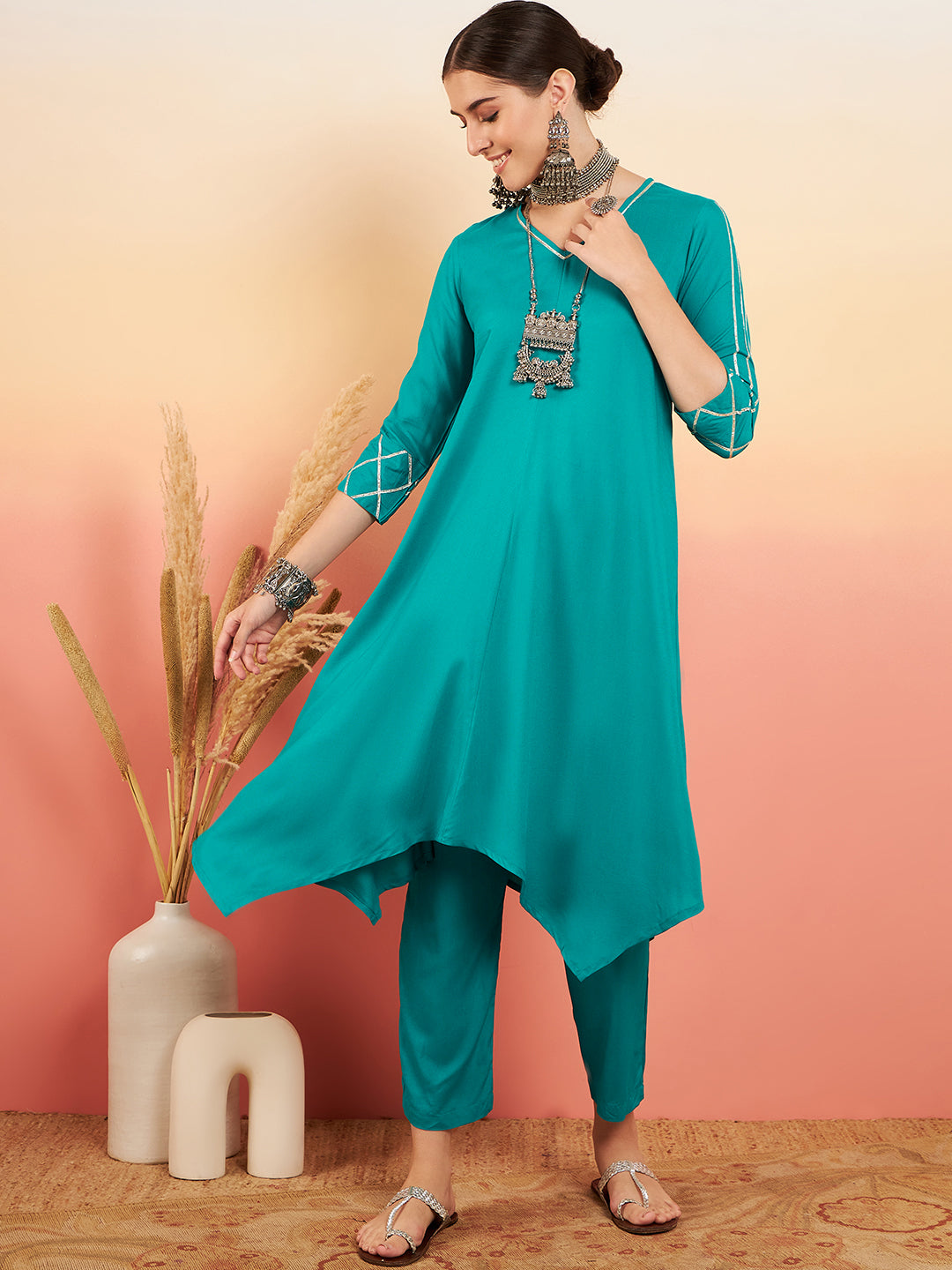 InWeave Women's Teal V Neck Gota Sleeve A Line Kurta Set - Distacart