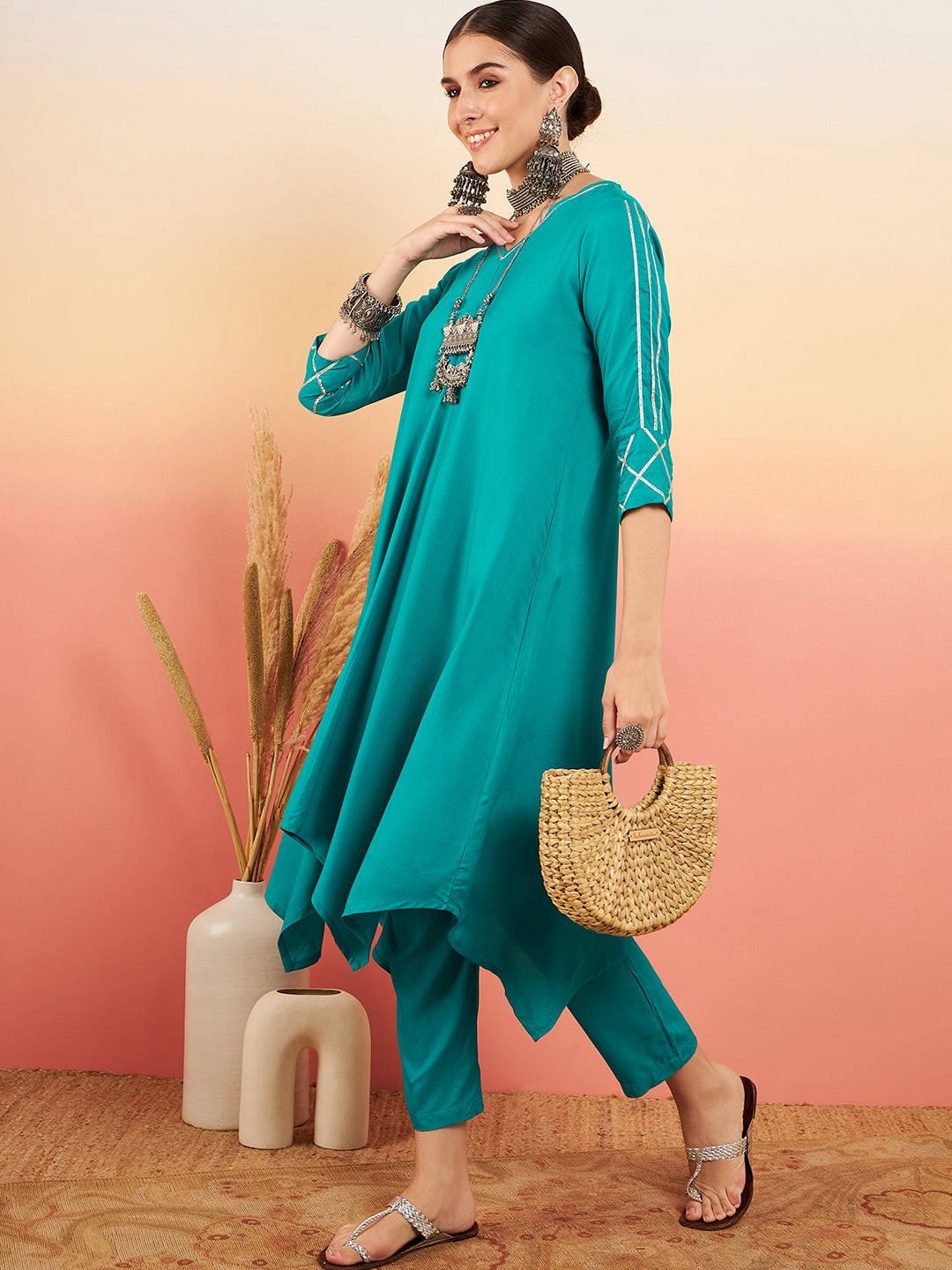 InWeave Women's Teal V Neck Gota Sleeve A Line Kurta Set - Distacart
