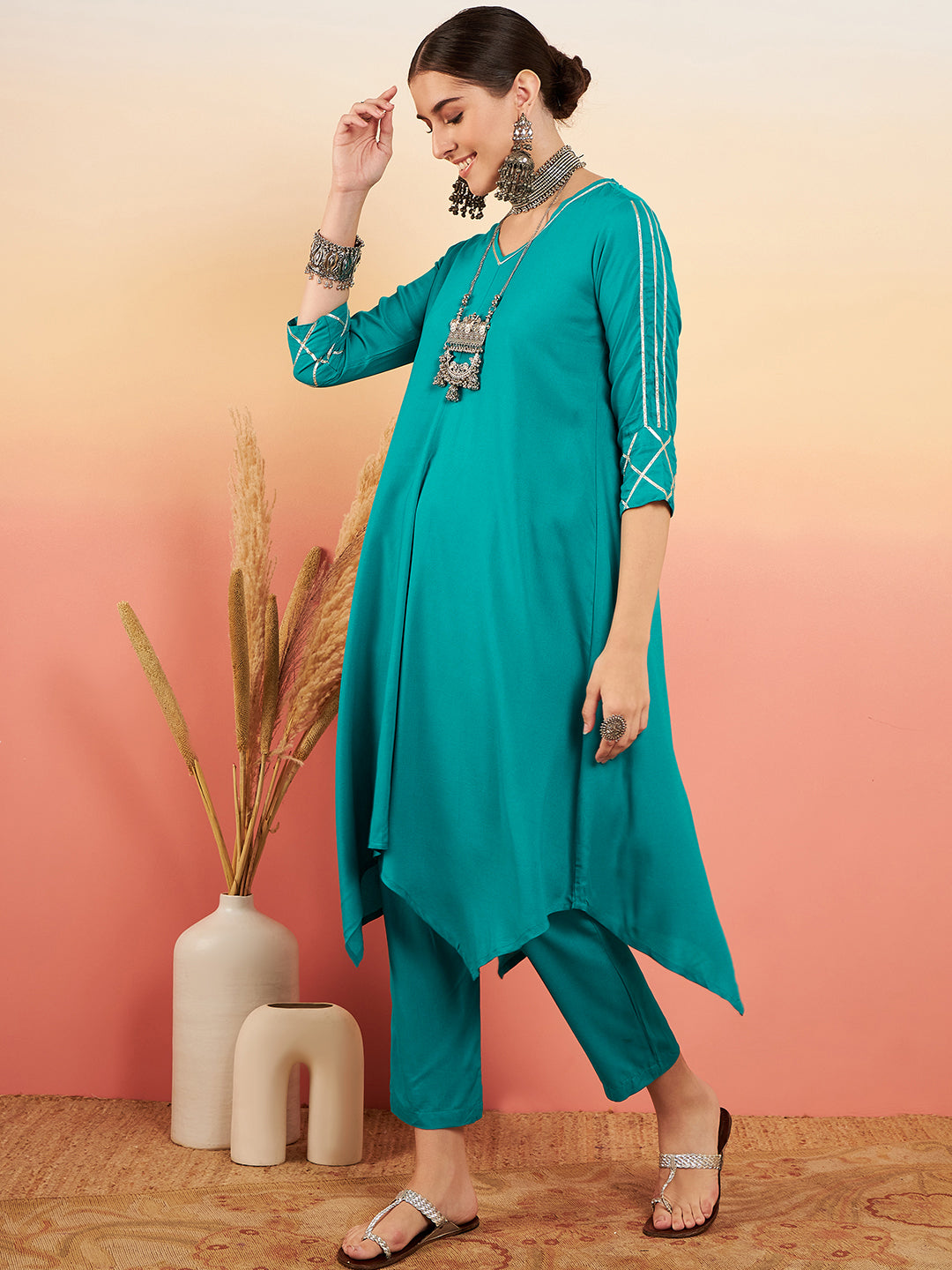 InWeave Women's Teal V Neck Gota Sleeve A Line Kurta Set - Distacart