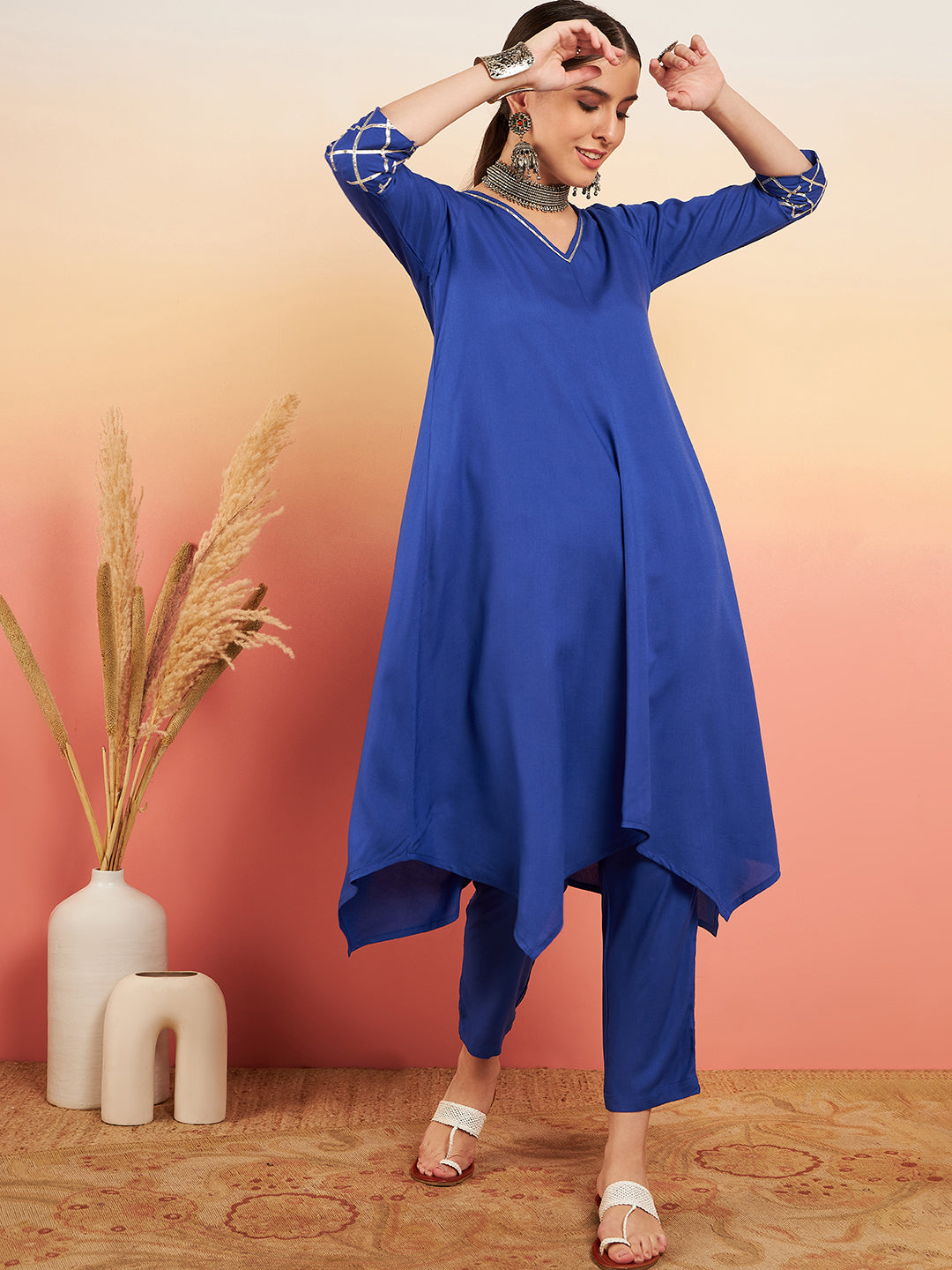 InWeave Women's Ink Blue V Neck Gota Sleeve A Line Kurta Set - Distacart