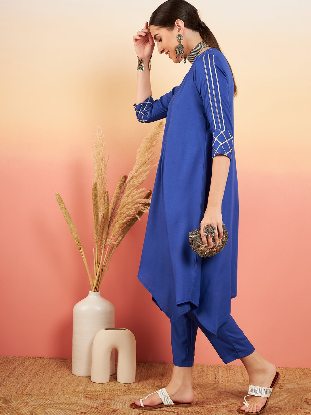 InWeave Women's Ink Blue V Neck Gota Sleeve A Line Kurta Set - Distacart