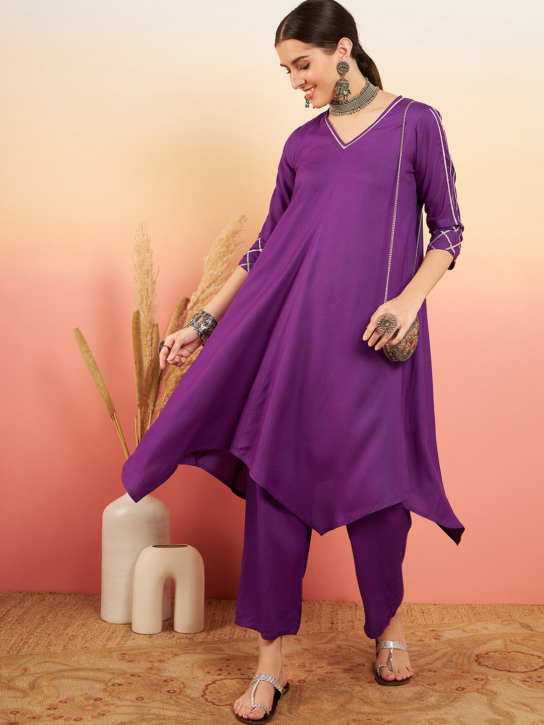 InWeave Women's Violet V Neck Gota Sleeve A Line Kurta Set - Distacart