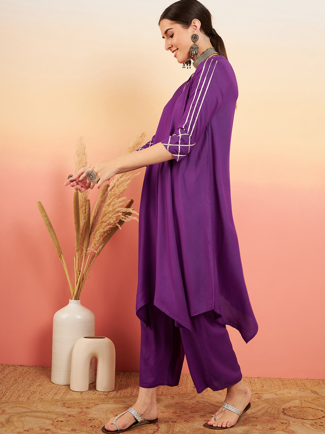 InWeave Women's Violet V Neck Gota Sleeve A Line Kurta Set - Distacart