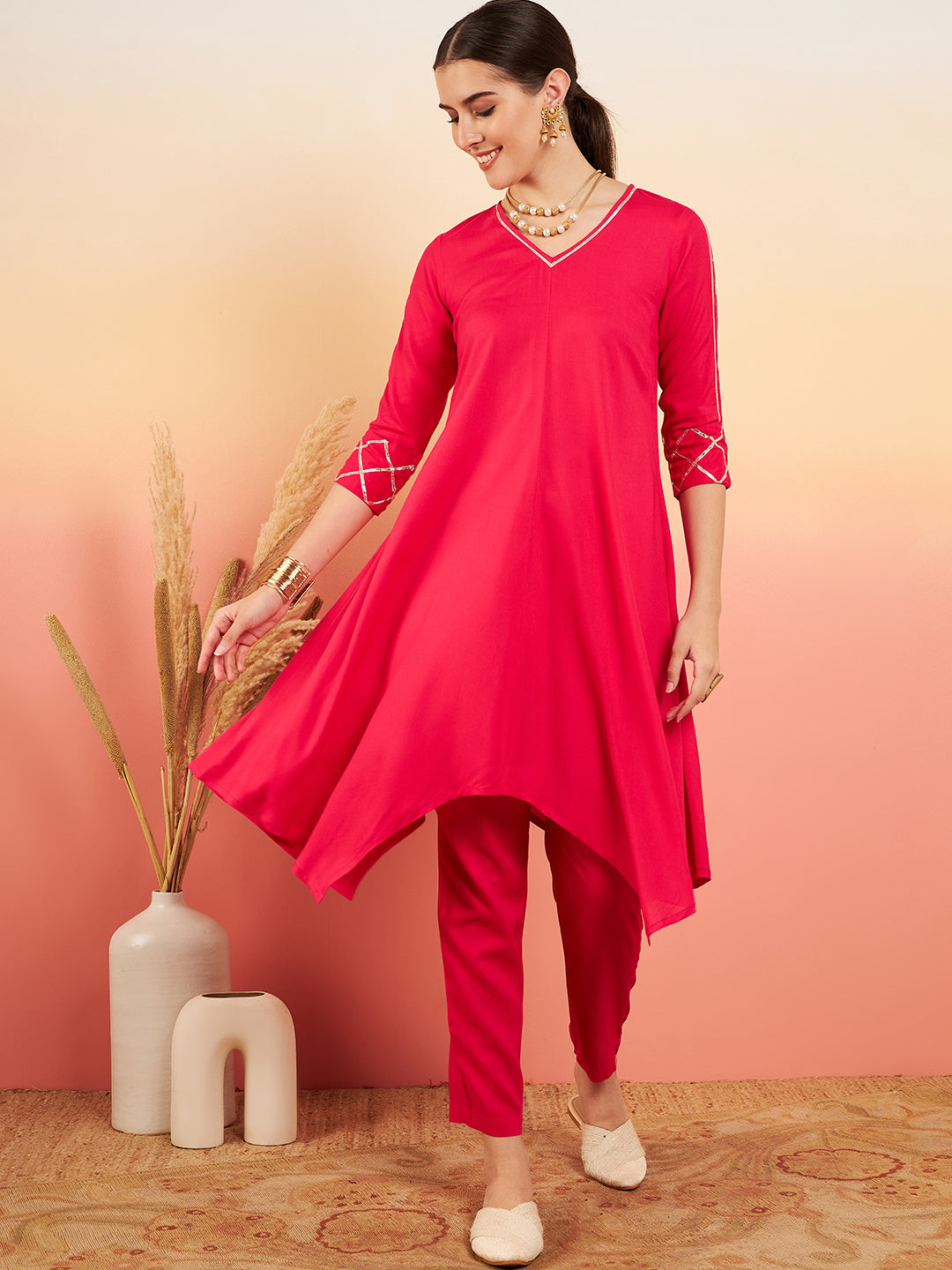 InWeave Women's Fuschia V Neck Gota Sleeve A Line Kurta Set - Distacart