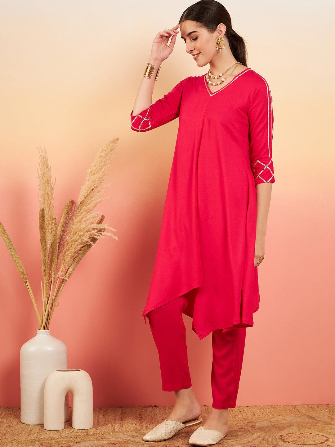 InWeave Women's Fuschia V Neck Gota Sleeve A Line Kurta Set - Distacart