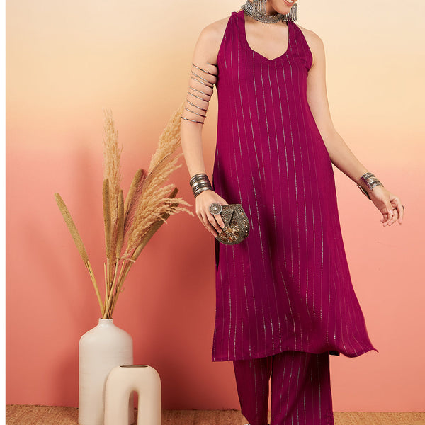 InWeave Women's Wine Lurex Neck Patti Halter Kurta Pant Set - Distacart