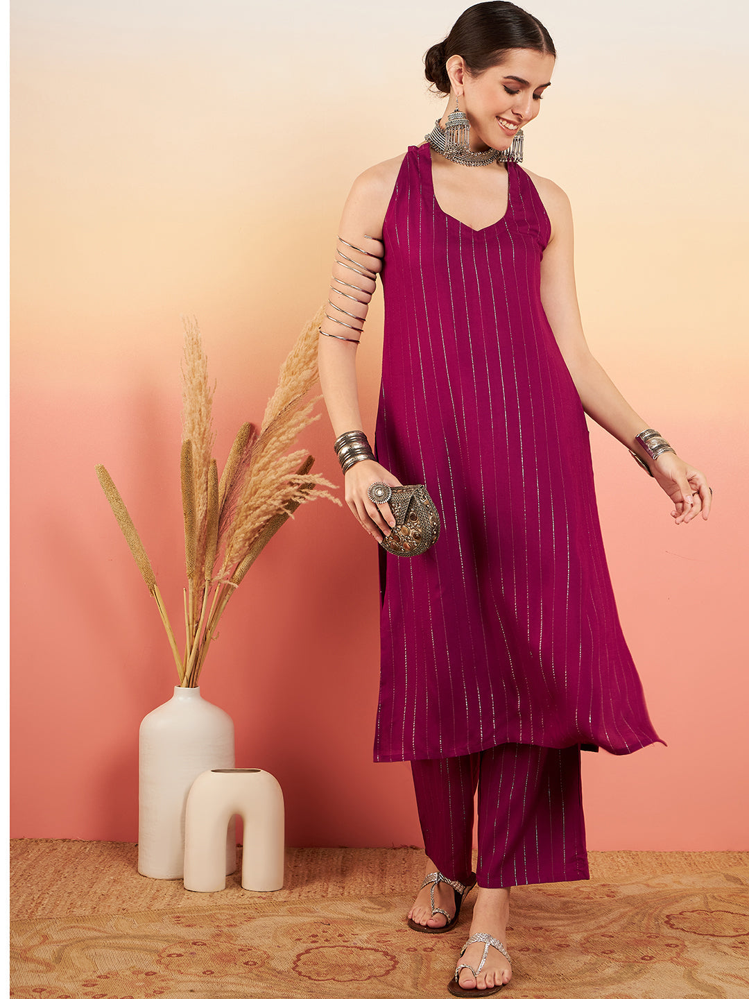 InWeave Women's Wine Lurex Neck Patti Halter Kurta Pant Set - Distacart