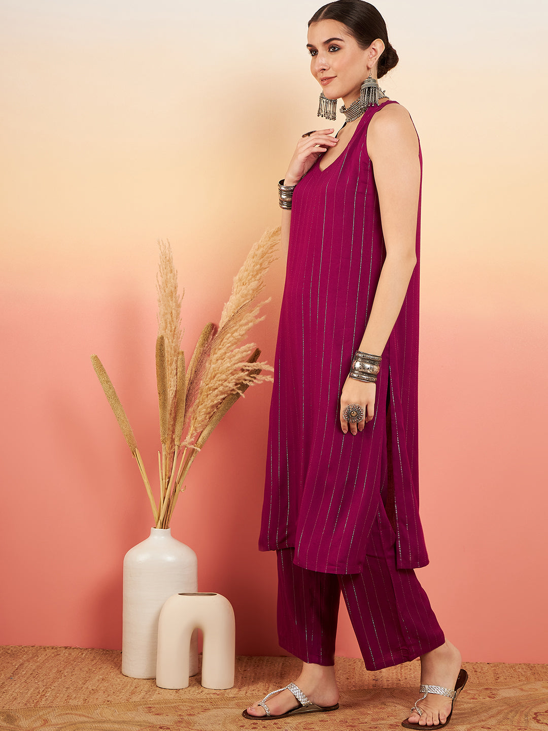 InWeave Women's Wine Lurex Neck Patti Halter Kurta Pant Set - Distacart