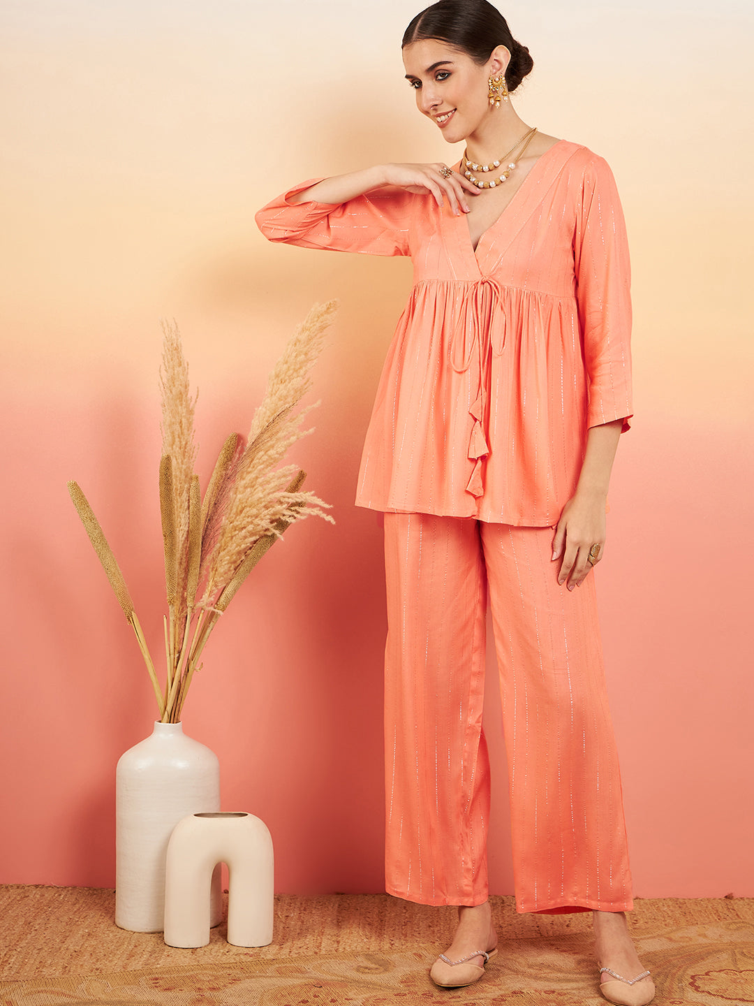 InWeave Women's Creamy Peach Lurex V Neck Front Tie Up Kurta Pant Set - Distacart