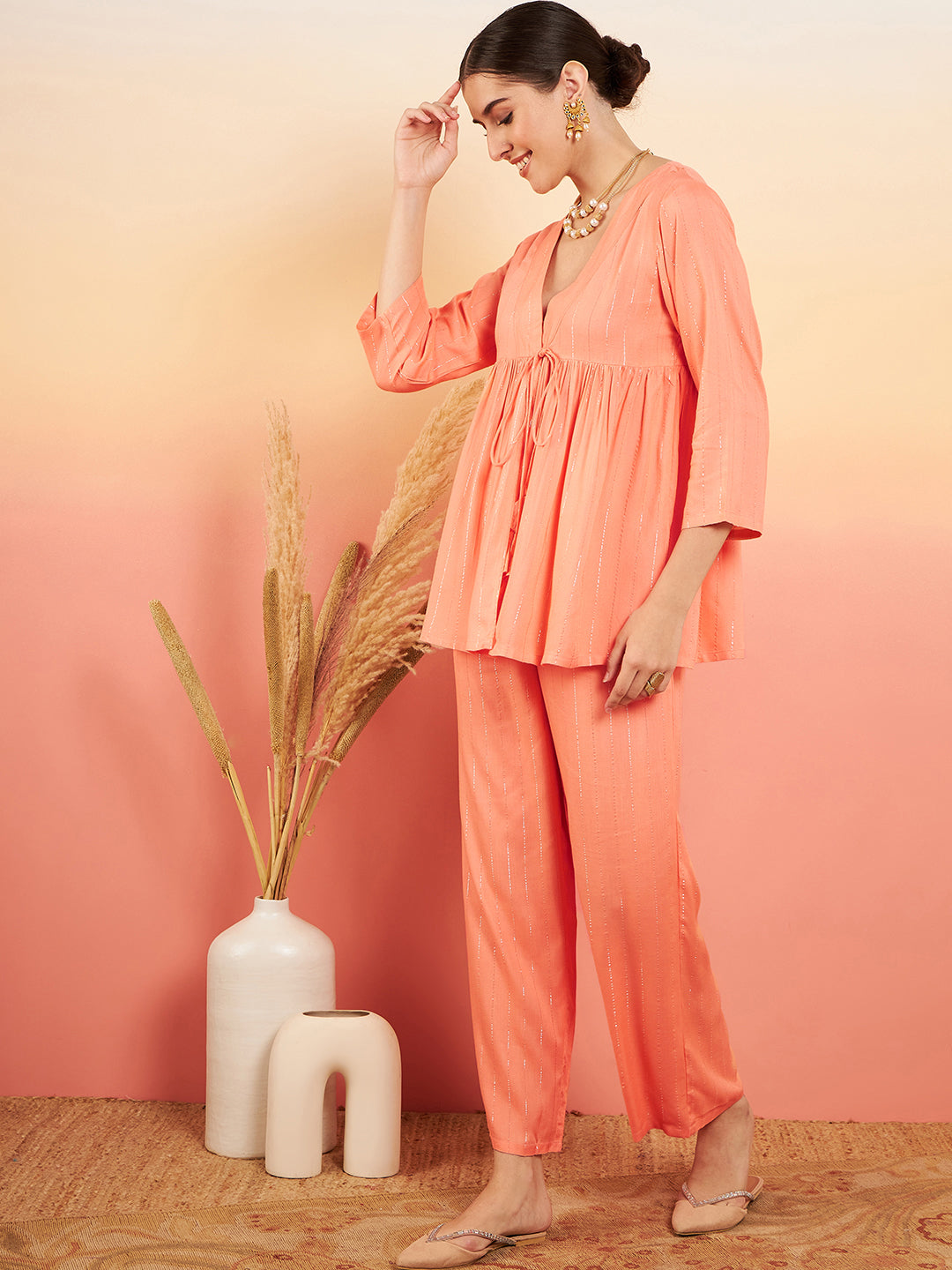 InWeave Women's Creamy Peach Lurex V Neck Front Tie Up Kurta Pant Set - Distacart