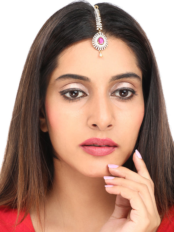 Yellow Chimes Women Gold-Plated American Diamond Pink & White Studded Handcrafted Maang Tikka - Distacart