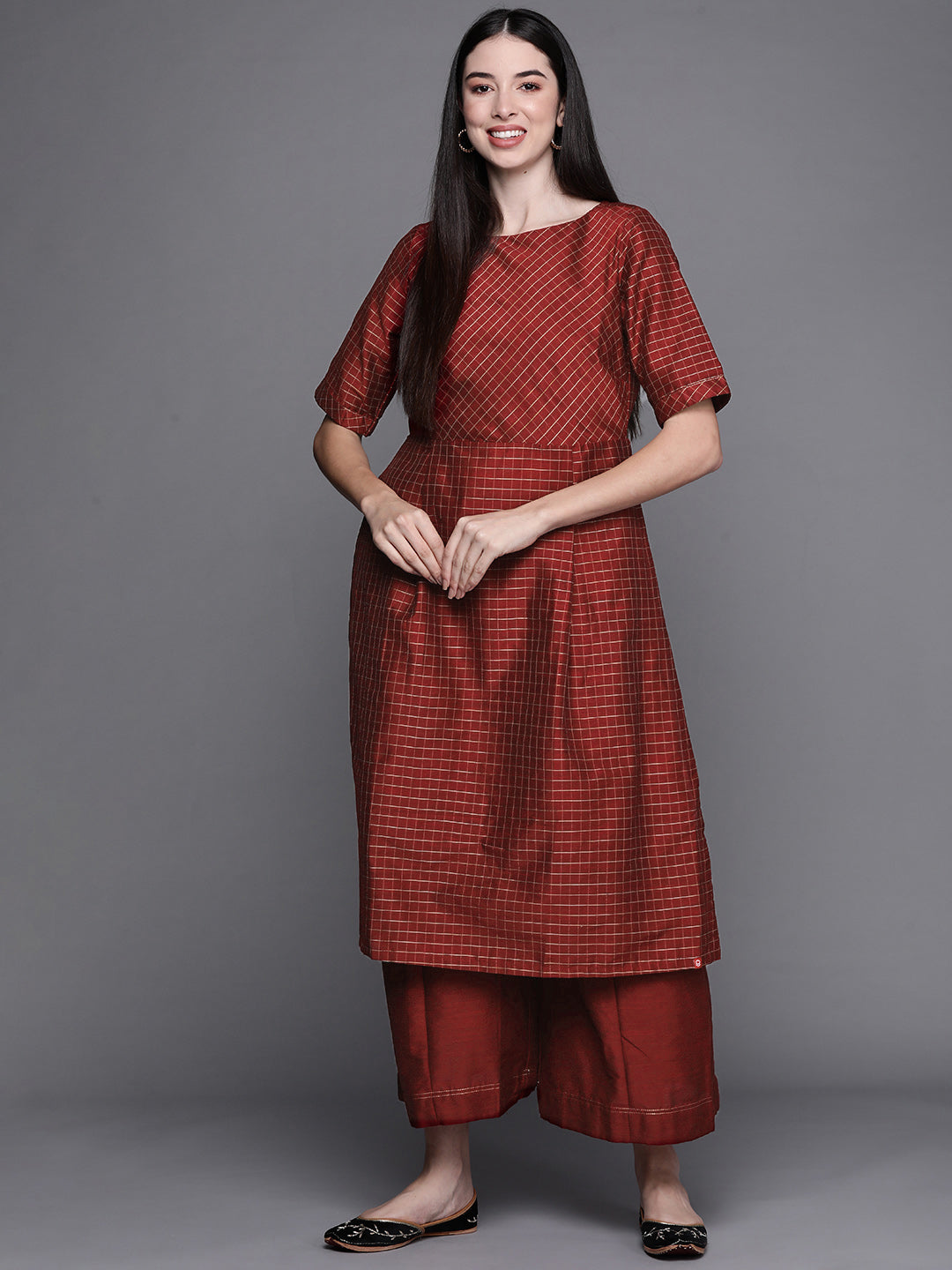 Biba Women Maroon Checked Kurta with Palazzos - Distacart