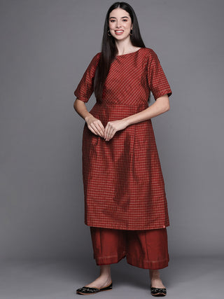 Biba Women Maroon Checked Kurta with Palazzos - Distacart