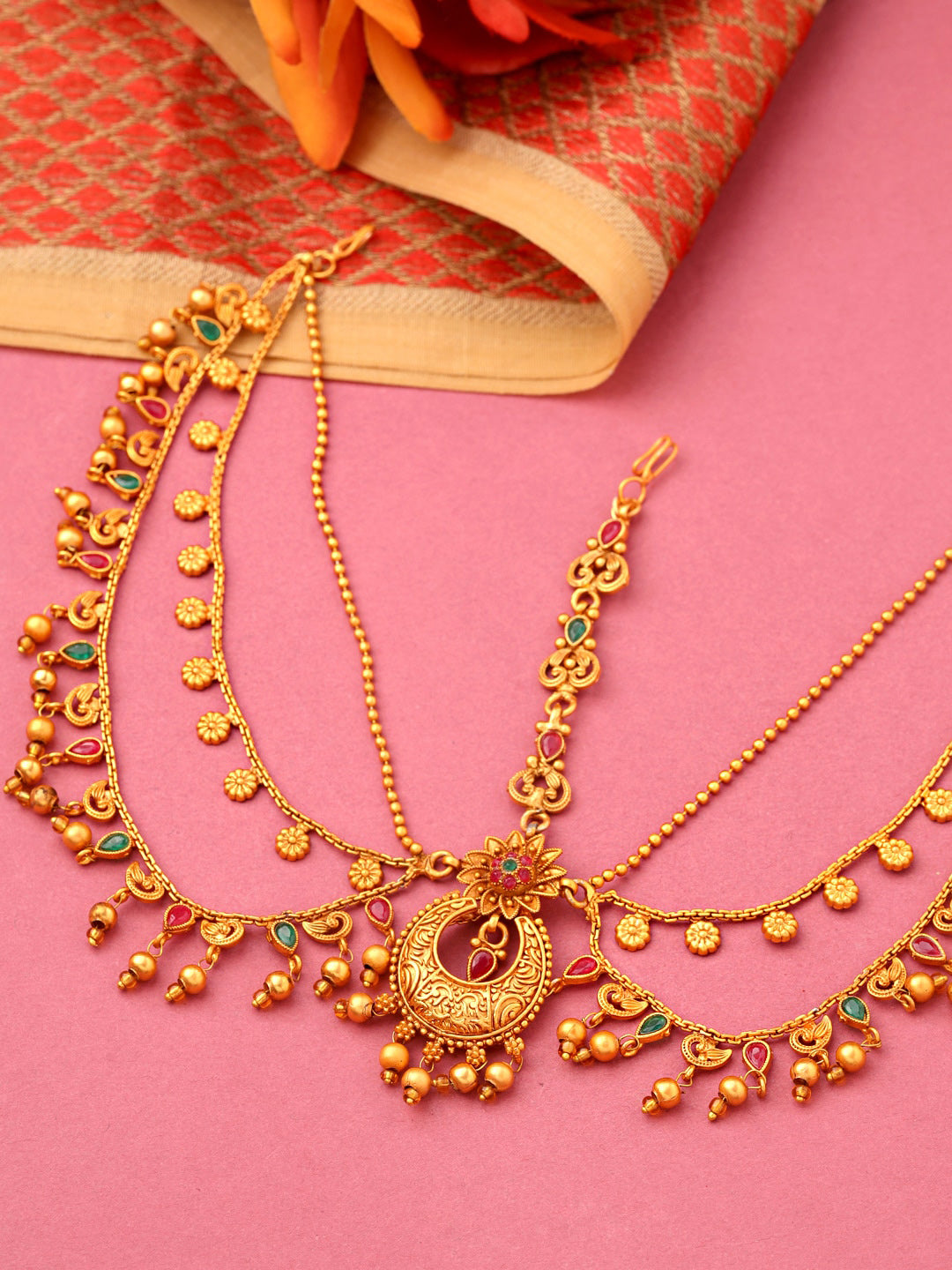 Yellow Chimes Gold-Plated Red & Green Stone-Studded Layered Bridal Maatha Patti - Distacart