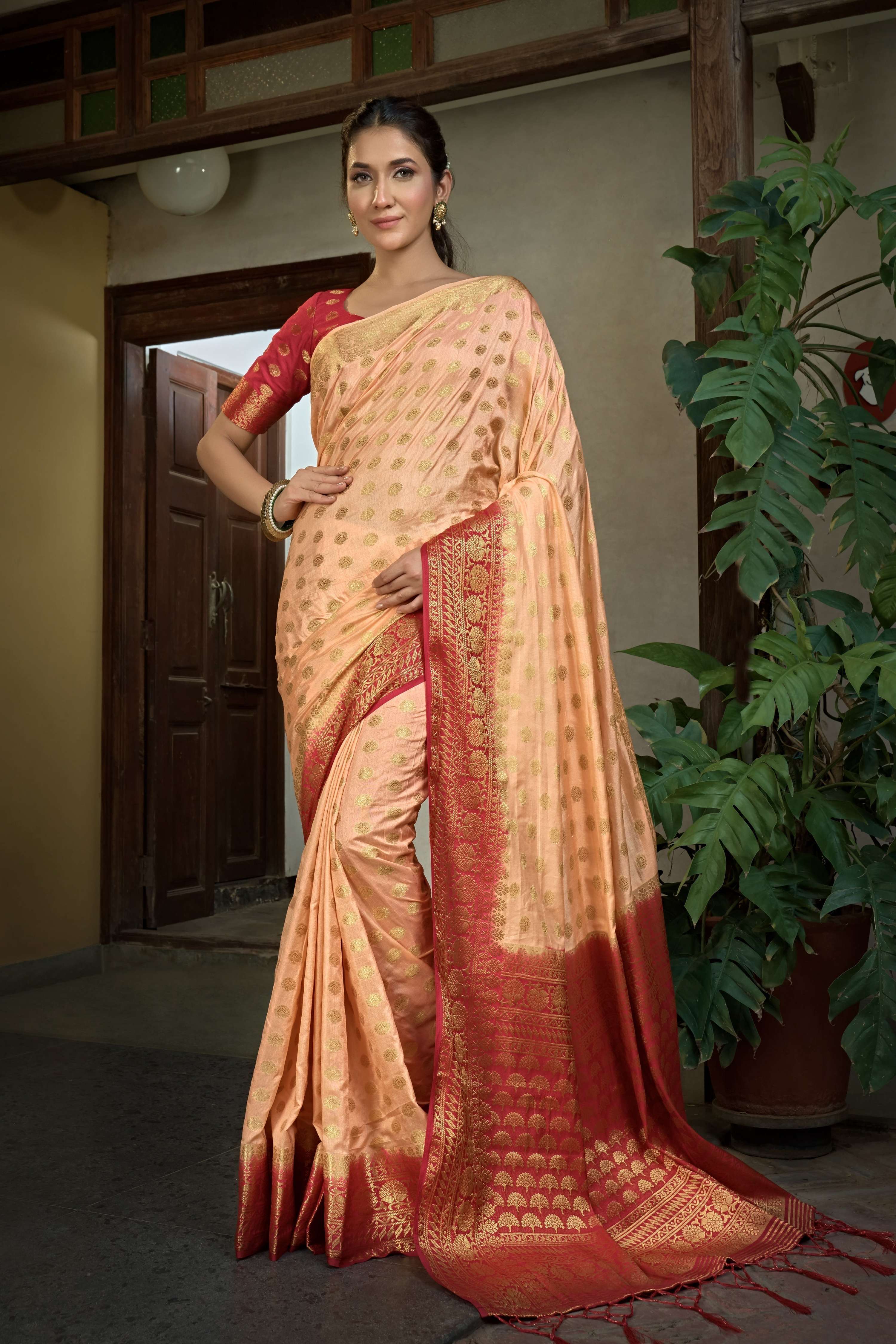 Vardha Peach Golden Zari Banarasi Raw Silk Saree