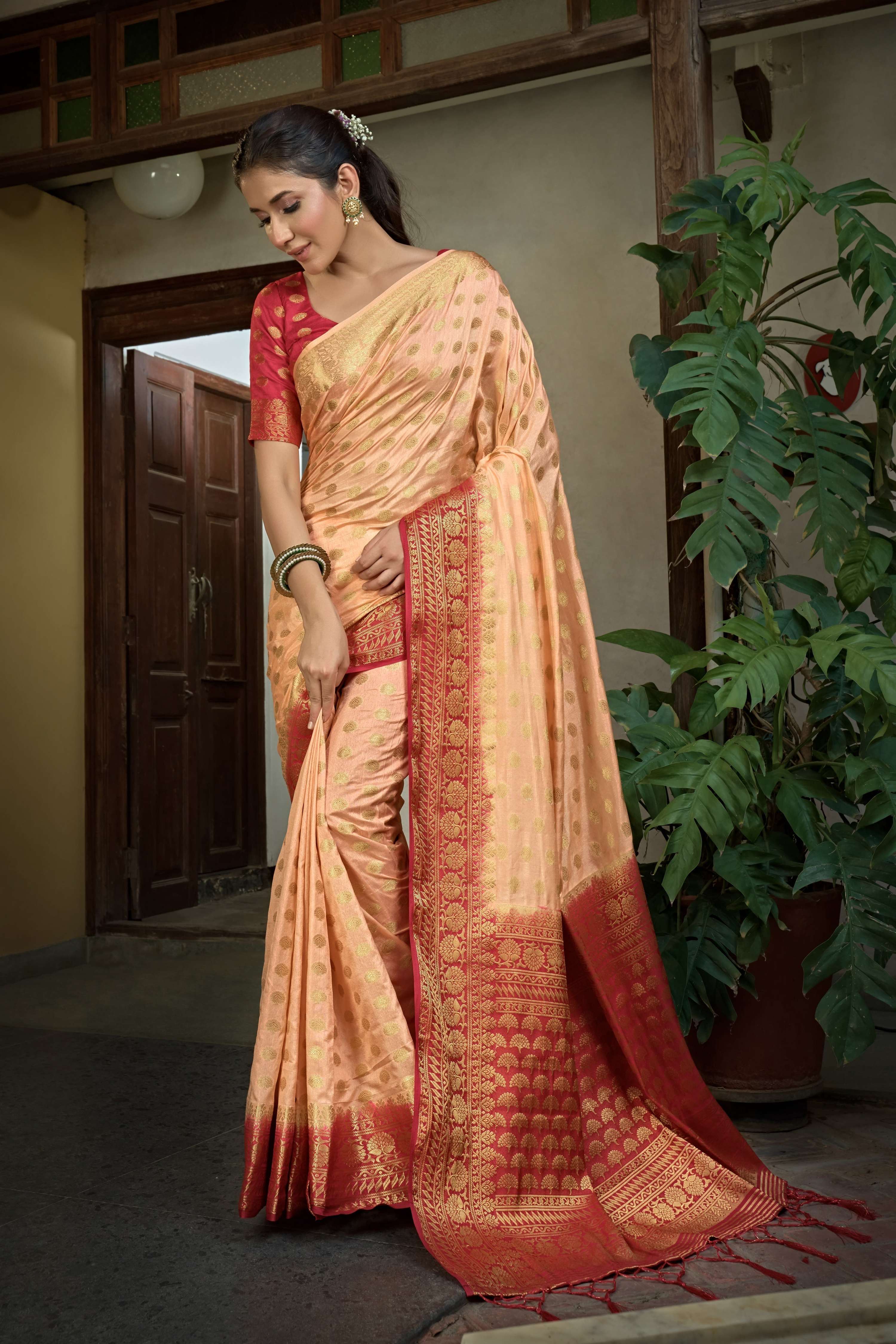 Vardha Peach Golden Zari Banarasi Raw Silk Saree