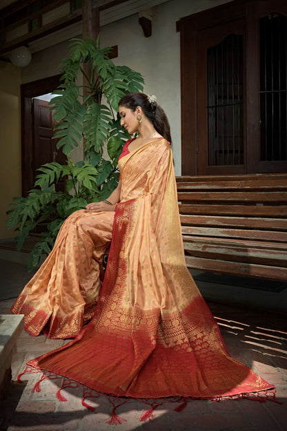 Vardha Peach Golden Zari Banarasi Raw Silk Saree