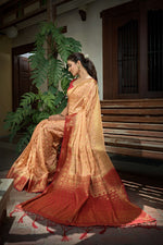 Thumbnail for Vardha Peach Golden Zari Banarasi Raw Silk Saree