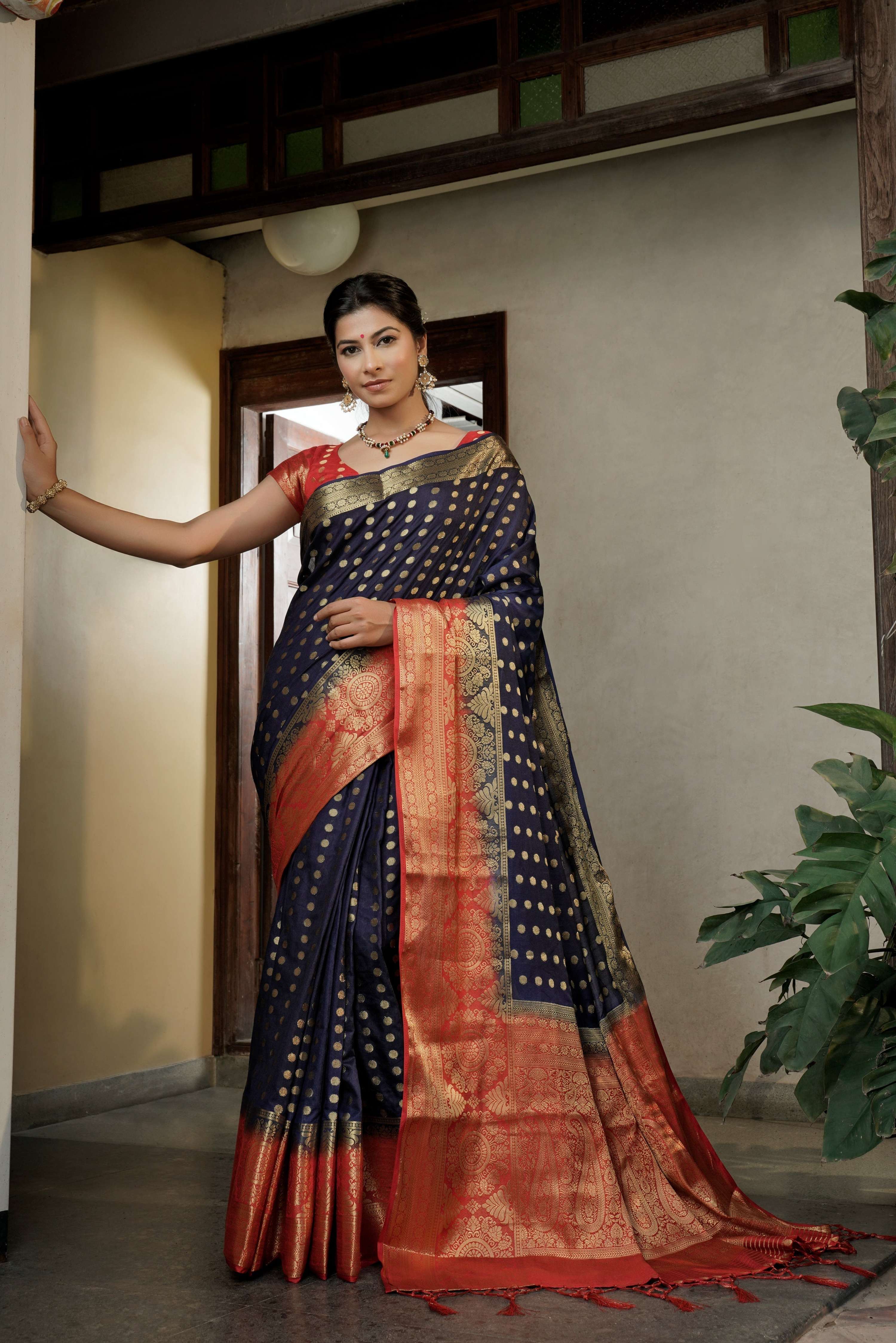 Vardha Admiral Blue Golden Zari Banarasi Raw Silk Saree