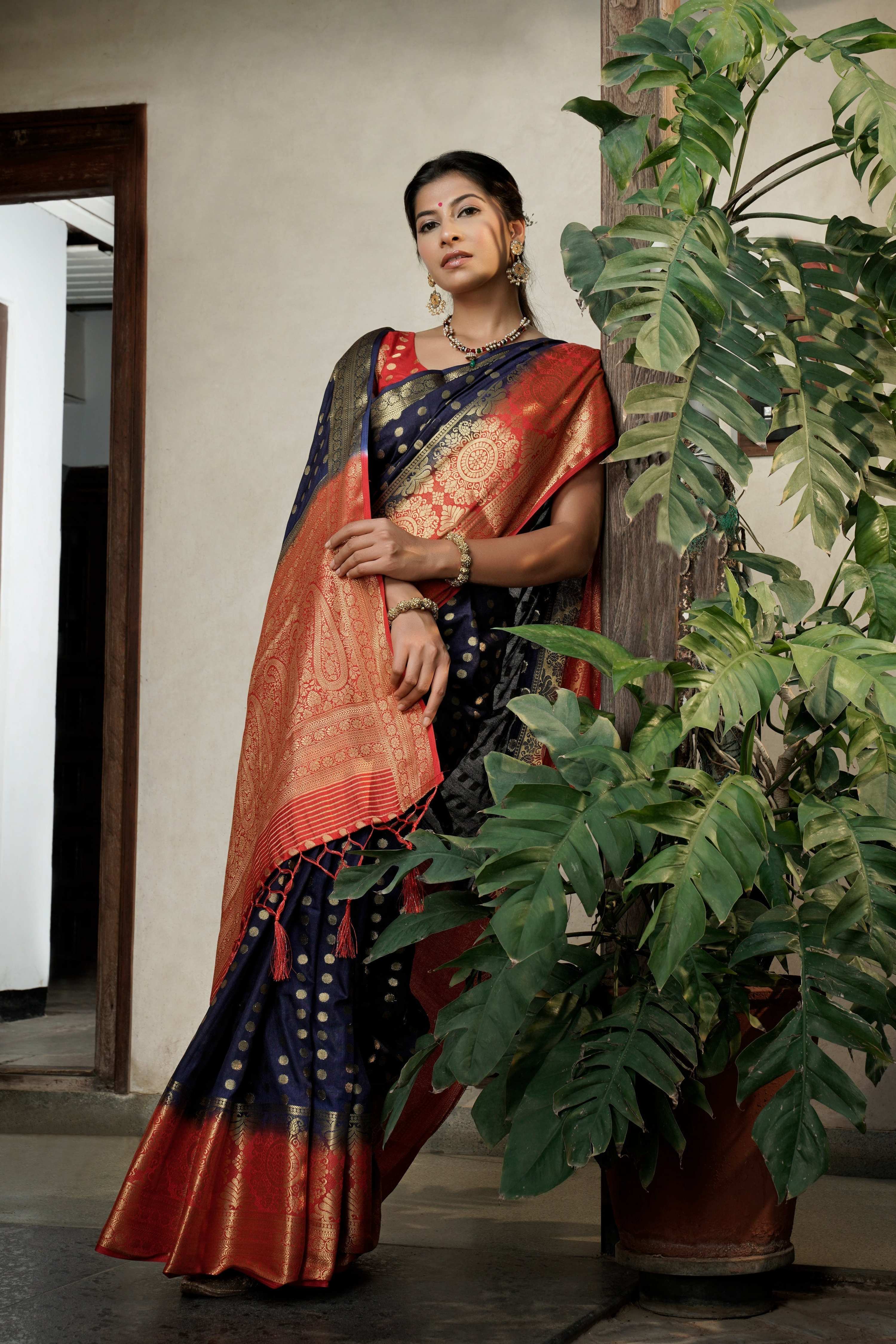 Vardha Admiral Blue Golden Zari Banarasi Raw Silk Saree