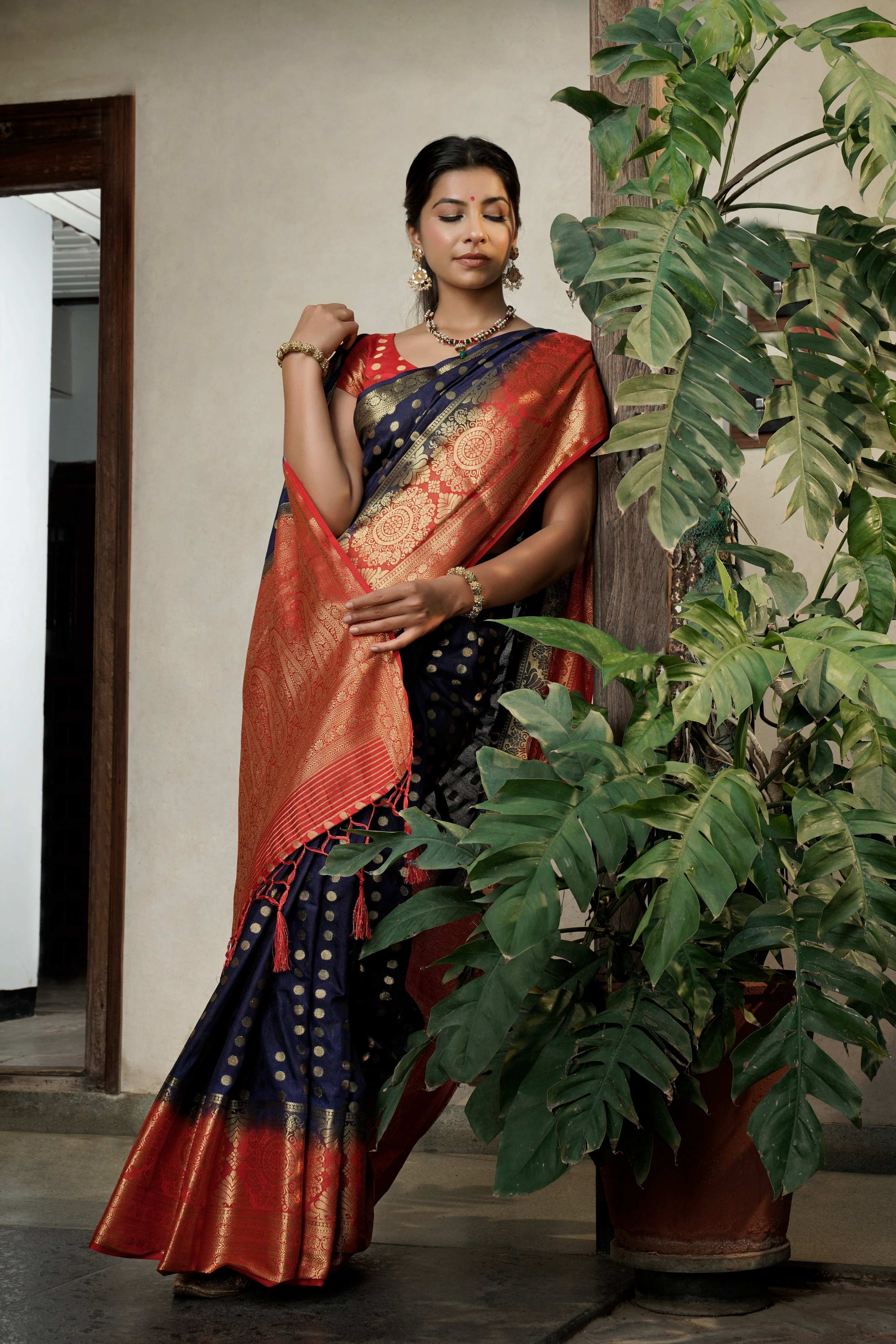 Vardha Admiral Blue Golden Zari Banarasi Raw Silk Saree