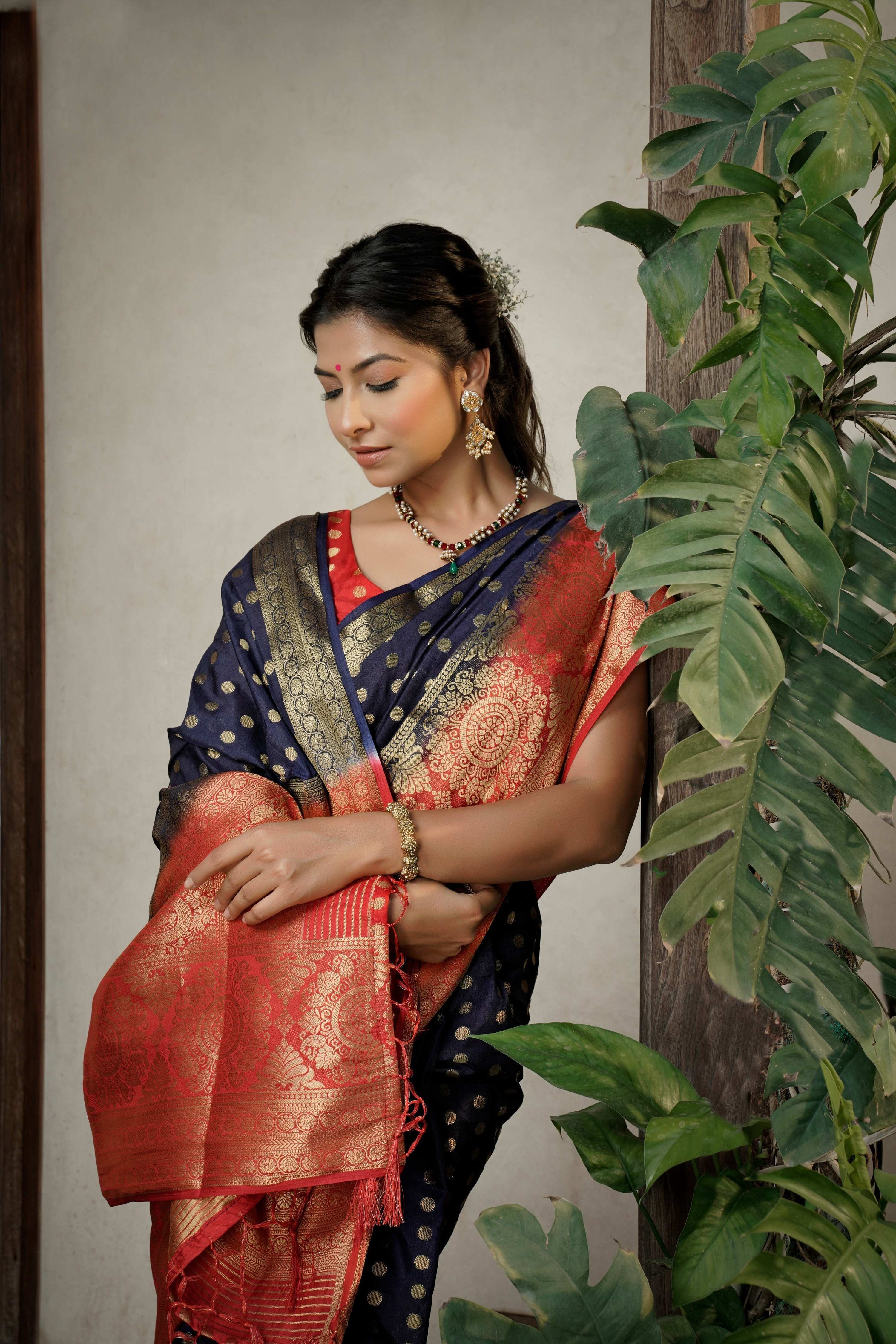 Vardha Admiral Blue Golden Zari Banarasi Raw Silk Saree
