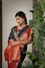 Thumbnail for Vardha Admiral Blue Golden Zari Banarasi Raw Silk Saree