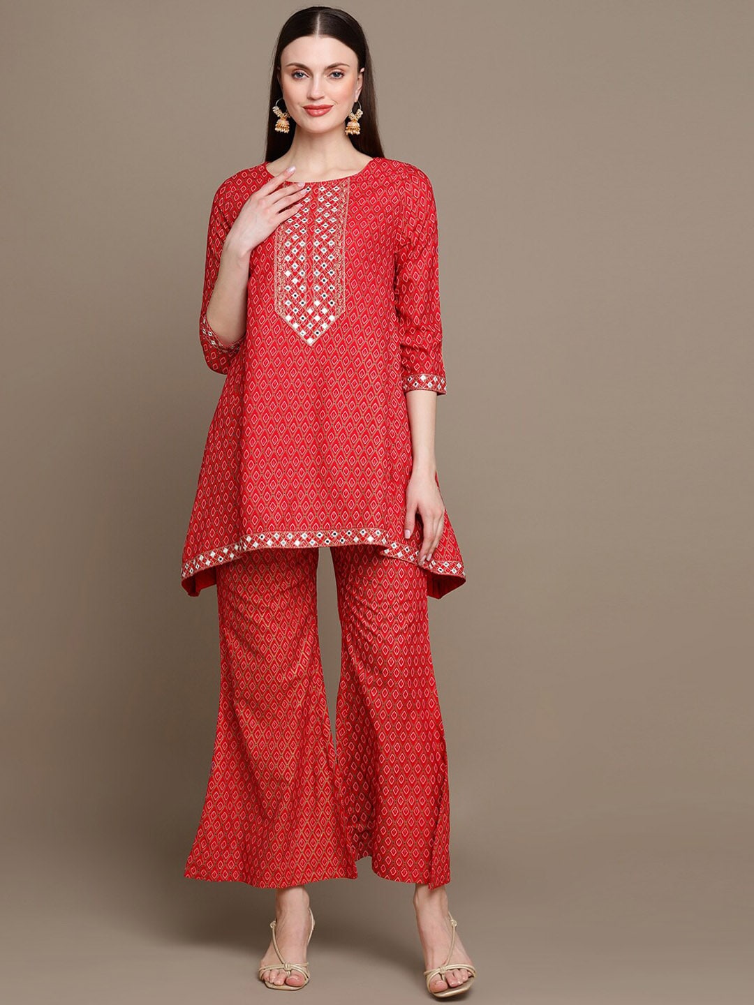 HERE&NOW Embroidered Ethnic Motifs Printed Mirror Work Asymmetric Kurti with Palazzos - Distacart