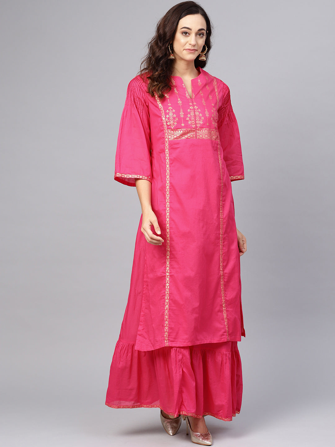 Biba Women Pink & Golden Printed Layered A-Line Kurta - Distacart