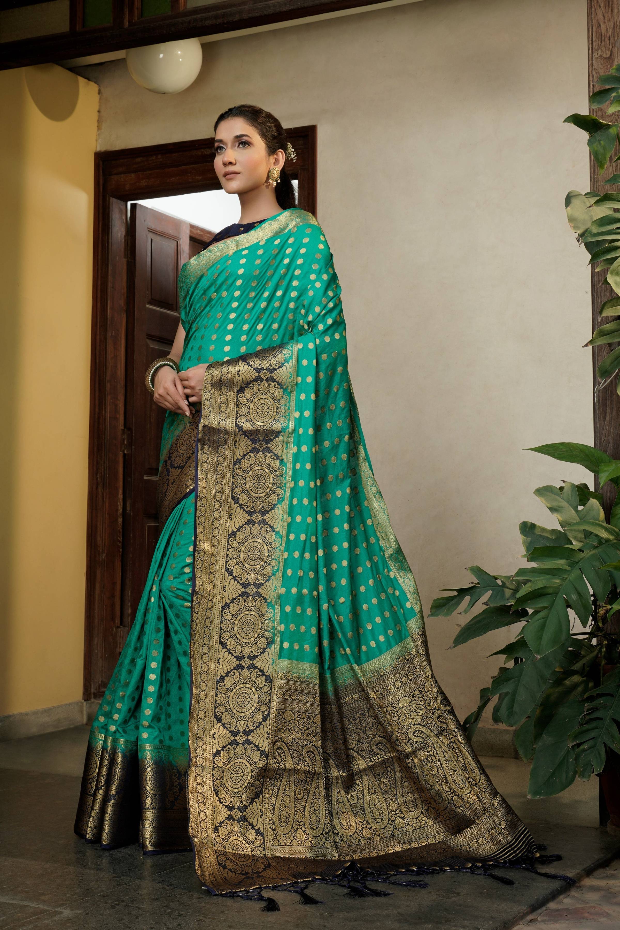 Vardha Teal Green Golden Zari Banarasi Raw Silk Saree
