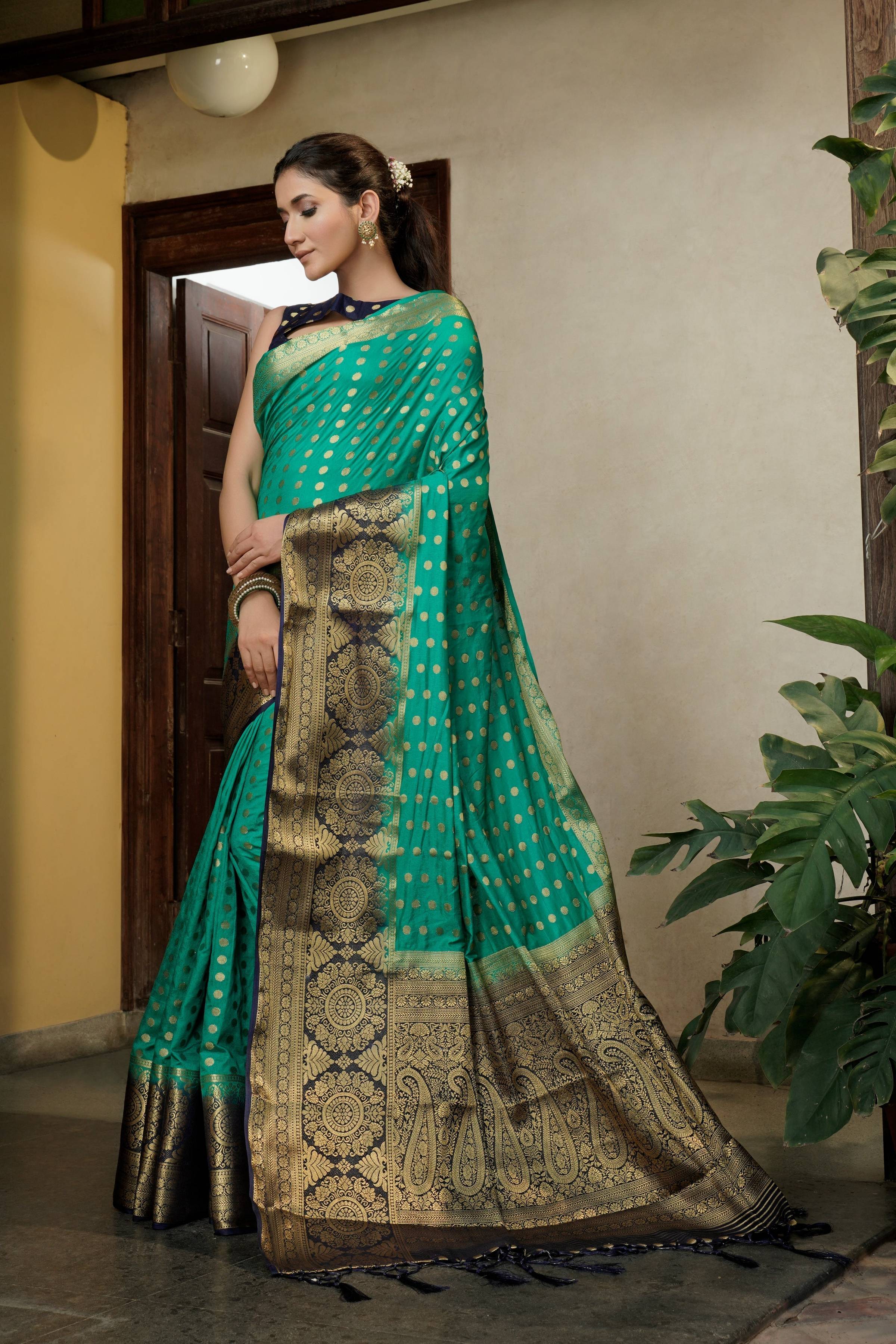 Vardha Teal Green Golden Zari Banarasi Raw Silk Saree