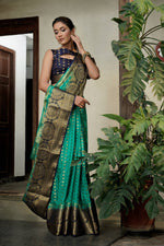 Thumbnail for Vardha Teal Green Golden Zari Banarasi Raw Silk Saree